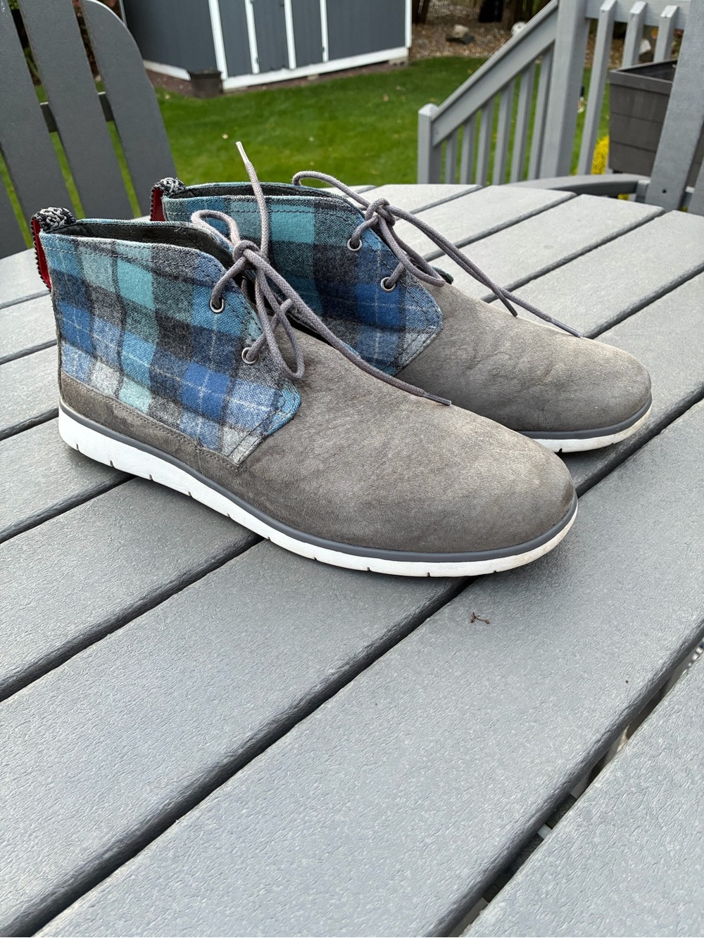 UGG Men's Gray Suede Chukka Boots with Blue Plaid Collar